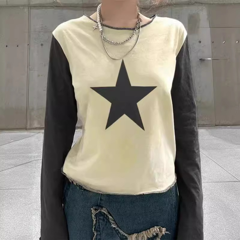 Design sense: 2024 Spring Autumn new sweet and spicy contrasting color lucky star women's T-shirt