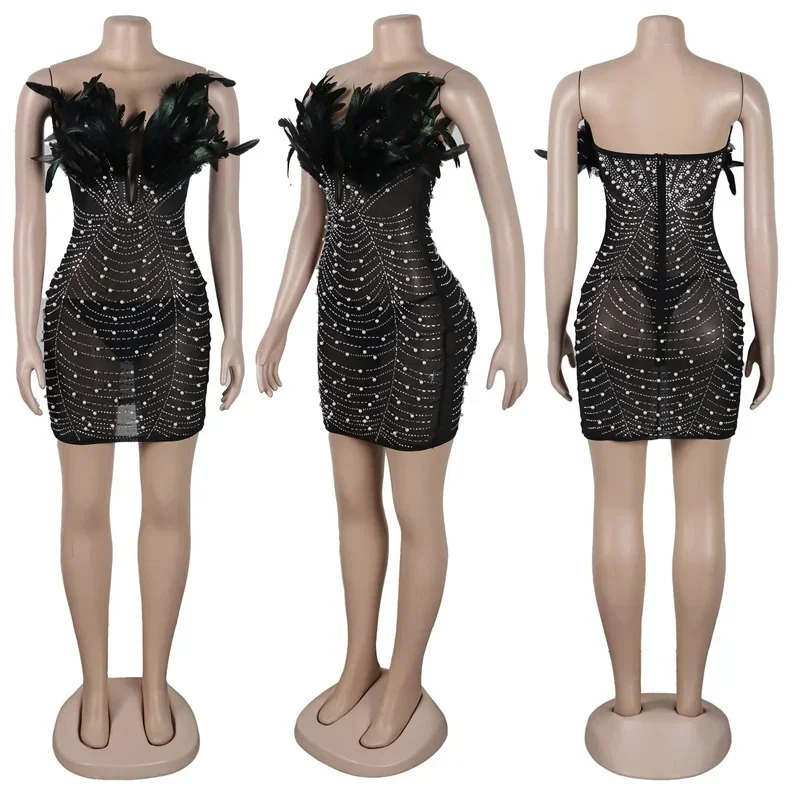 Sexy Club Party Night Feathers Rhinestones Birthday Dresses for Woman Elegant Backless Diamond Sheer Mesh Bodycon Dress Vestidos 241030