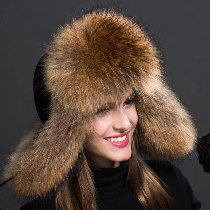 Women Natural Raccoon Fur Caps Ushanka Hats for Winter Thick Warm Ears Fashion Bomber Pom Hat Lady Real Fox Fur Cap Pompon 241030