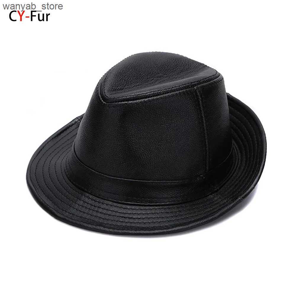 Stingy Brim Hats 2024 Autumn Men Real Genuine Cowhide Leather Top Hats Men Fashion Caps Winter Warm New Cowboy % Real Cowhide Leather Hats L240910 L09