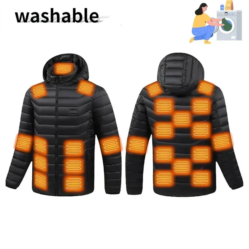 21 Zone Heating Jacket Black Hooded Jacket Outdoor Mountaineering Ski Suit Multi-Zone Heating Fast Warming Up Cotton Coat 2024 241031