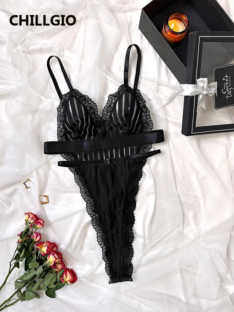 CHILLGIO Women One Pieces Stripes Catsuit Sexy Intimate Lingerie Onesie Chic Tight Strappy Romper Slim Transparent Mesh Bodysuit 241031