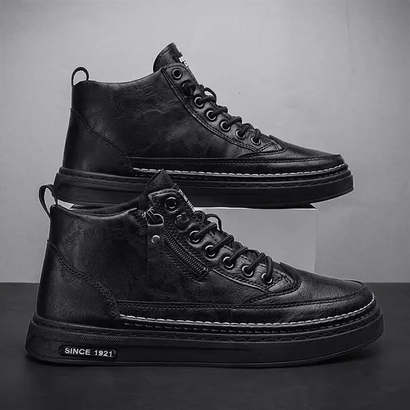 Mens boots autumn style outdoor fashion high cut thick sole height increase casual trend lace zipper anti slip high heels 241031