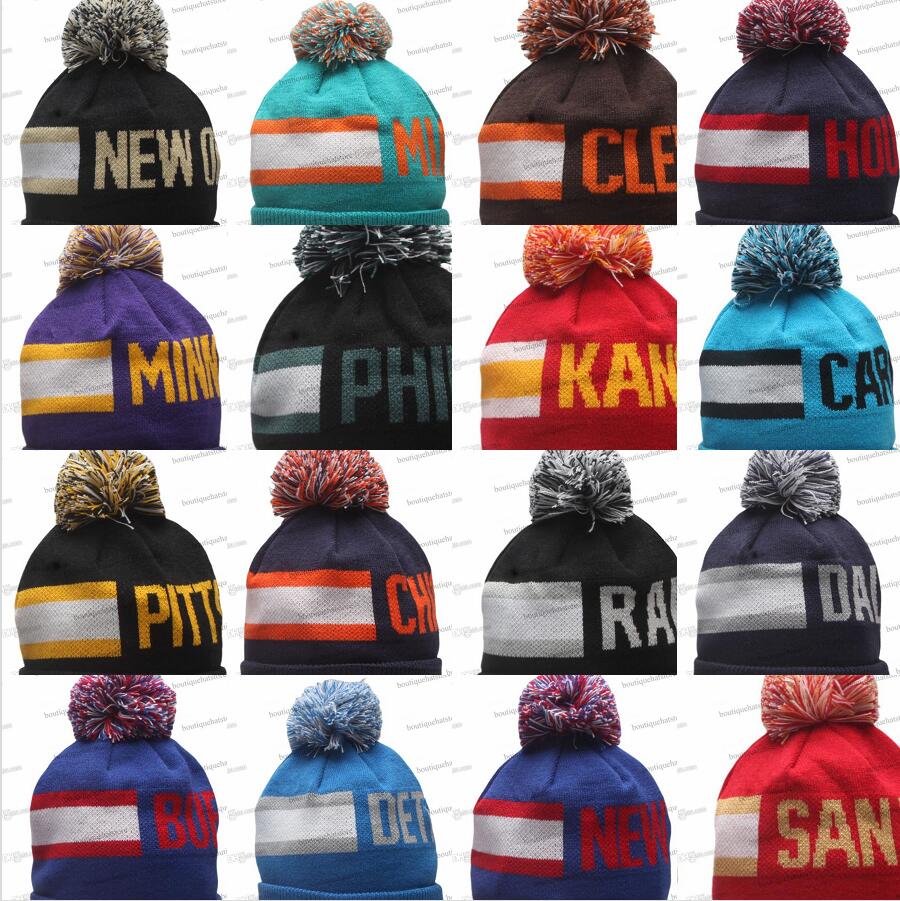 NFL Beanie Caps BaseballFootball Side Patch Winter Knit Hat Skull Cap Warm Striped Pompom Beanie for Women Z251010