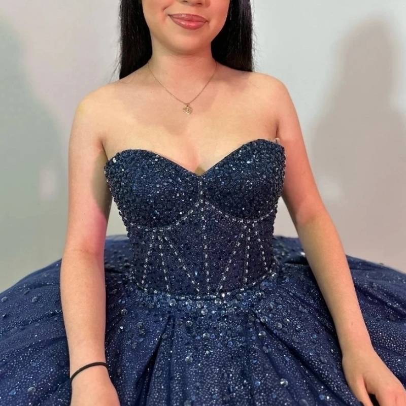 Sparkly Navy Blue Quinceanera Dresses Ball Gown Off The Shoulder Corset Beads Crystal Sweet 16 Party Vestidos De 15 XV Anos