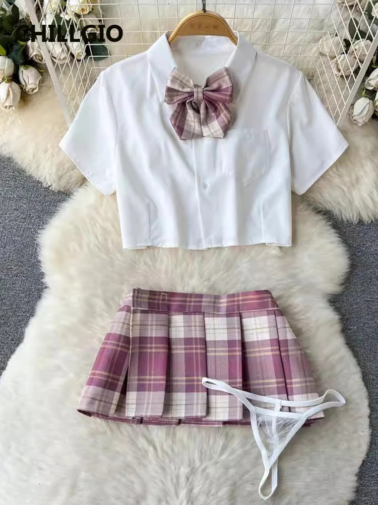 CHILLGIO Women sweet Plaid Pleated Skirts Suits Fashion Preppy Style Bow Tie Short Sleeve Shirt A Line Skirt Sexy Pajamas Set 241031