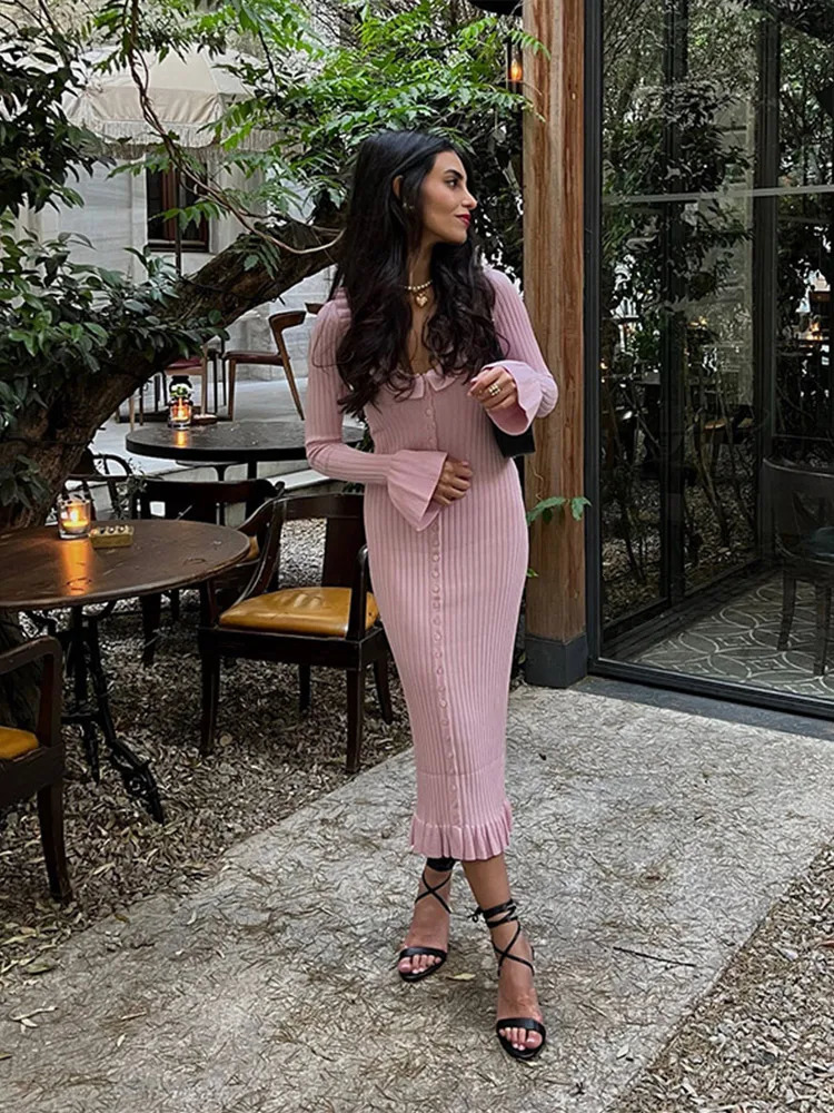 Elegant Knitted Women Long Dresses Casual Long Lantern Sleeve Female Robe Autumn Single-breasted Hip Package Ladies Streetwear 241031