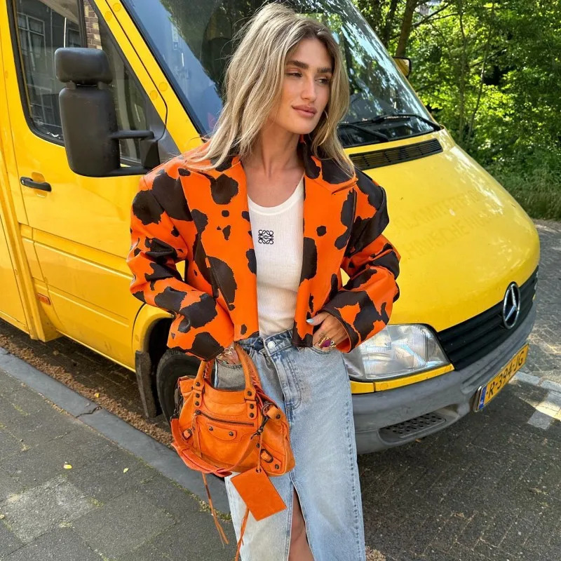 PU Leather Cow Printed Women Crop Jacket Blazer Notched Neck Loose Coat Fall Winter Y2K Streetwear Sexy Night Club Outfits 241031