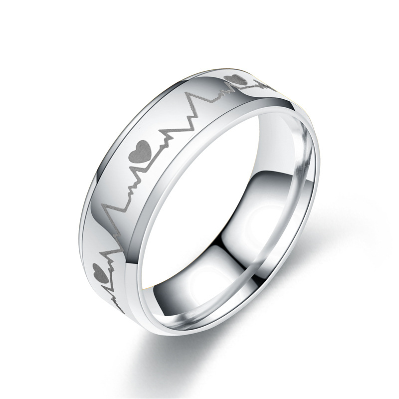 18K Gold Silver Titanium Steel Electrocardiogram Ring for Men Women Stainless Steel Couple Lovers Ring Jewelry Gift for Boyfriend Girlfriend Birthday 