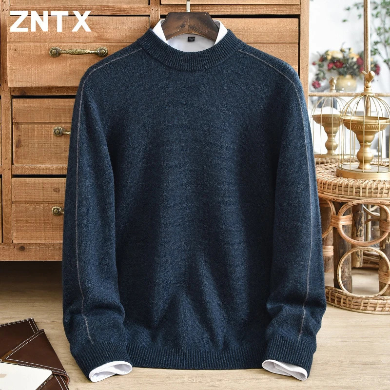 ZNTX Pure cashmere sweater mens half high neck winter style pullover thickened knitted base middleaged business 241031
