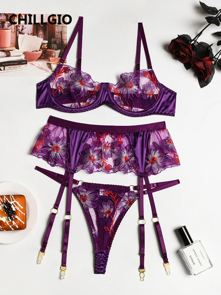 CHILLGIO Women Embroidery Floral Lace Bra Brief Suits Fashion 3 Pieces Erotic Intimate Lingerie Push Up Underwire Underwear Sets 241031