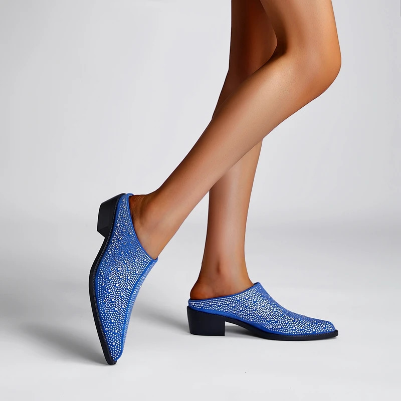2024 Mules Baotou Pointed Thick Heel Medium Heel Rhinestone Large Womens Slippers Half Slippers Women Shoes for Women 241031
