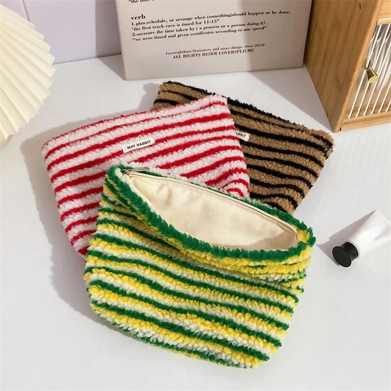 color striped plush clutch makeup bag portable makeup bag travel outdoor makeup organizer 241031