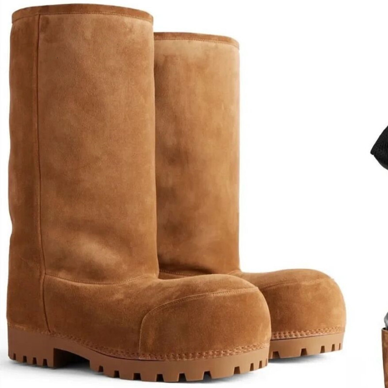Winter Mid-Calf Plush Thick Sole Non-Slip Solid Color Women Classic Retro Genuine Leather Brown Long Boots