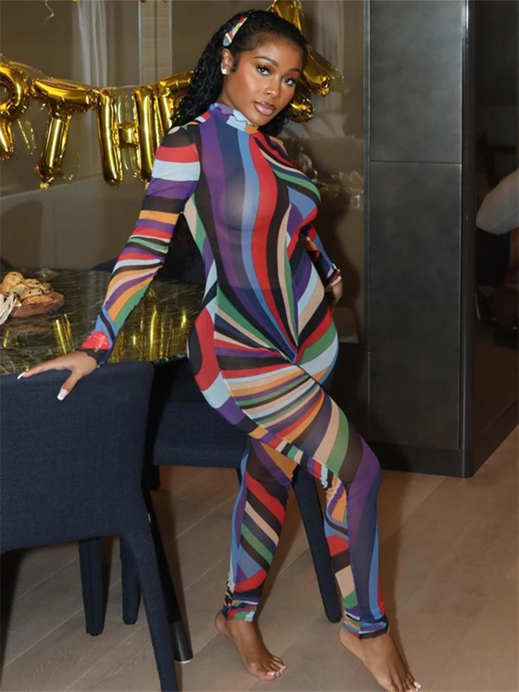 WLWXR Autumn Y2K Abstract Print Mesh Jumpsuit Birthday Party Outfit For Women 2024 Long Sleeve Sexy See Through Skinny Romper 241031
