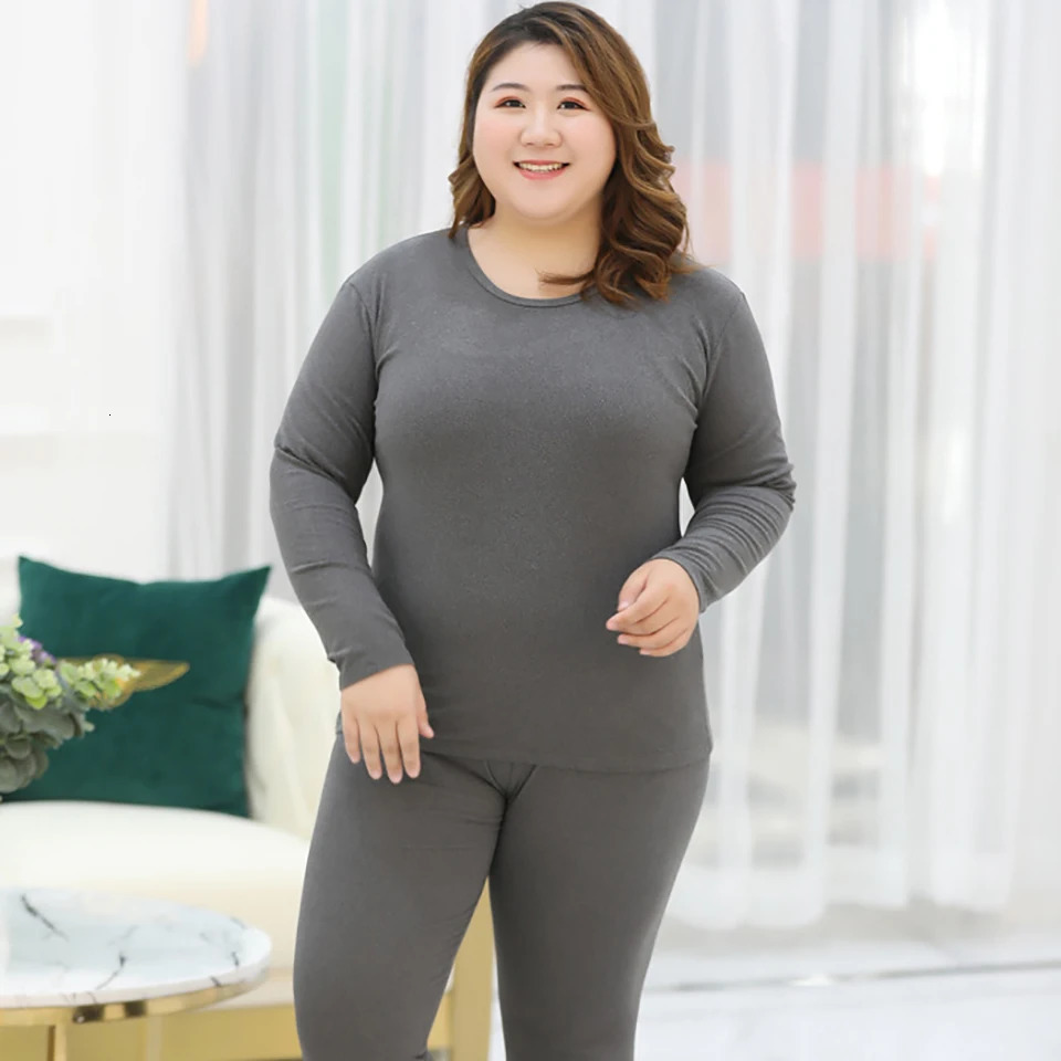 Plus Size Thermal Set Women Long Johns Set Solid Warm Thermal Underwear Thermo Long Sleeve Pants Pajamas Set Winter Home Clothes 241031