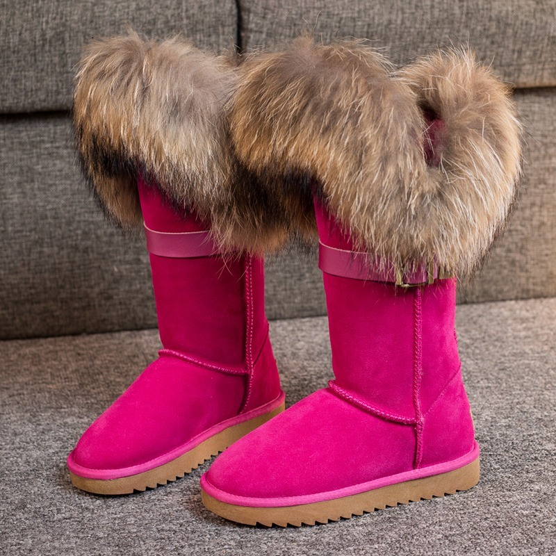 2024 Extra-Large Hair Natural Fox Fur Casual Winter Snow Boots Women Real Cow Suede Leather Warm Shoes Black Brown
