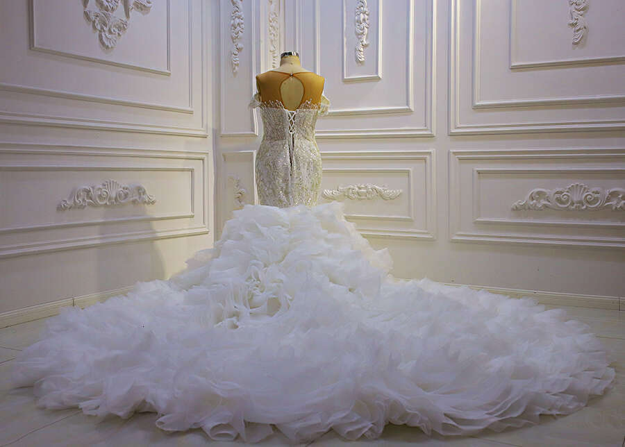 Royal Off The Shoulder Long Sleeve Pearls Mermaid Wedding Dress