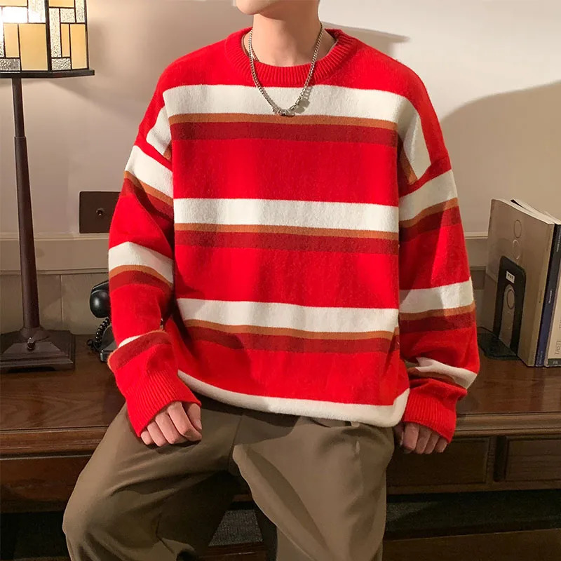 Red Sweaters For Men Christmas Gift Boyfriend Striped Sweater Soft Touch Stretch 241031