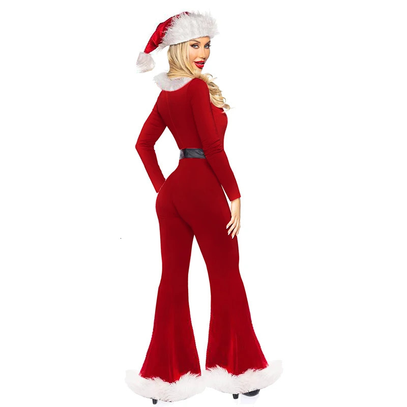 Women Red Christmas Costumes Cute Long Sleeve Flared Jumpsuit and Santa Hat Set for Cosplay Role-Playing Party Outfits 241031