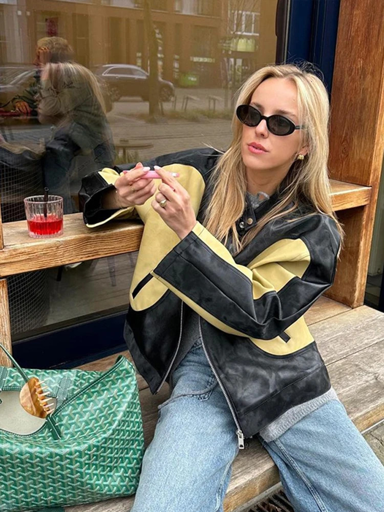 Vintage PU Leather Motorcycle Jacket Loose Short Coat Women Color Patchwork Biker Jackets Street Trend Blouse Bomber Jacket 241031