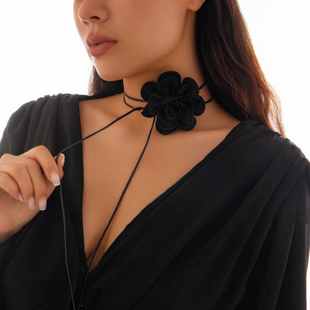 New Cross-border Jewelry From Europe and America Black Rose Skin Wax Thread Necklace Pull-out Fabric Earrings
