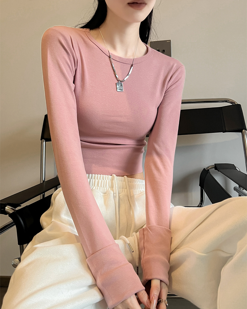 Dynamic girls in Europe and the United States Slim sexy long-sleeved T-shirt female round neck pullover sleeves ins open high waist short paragraph bl
