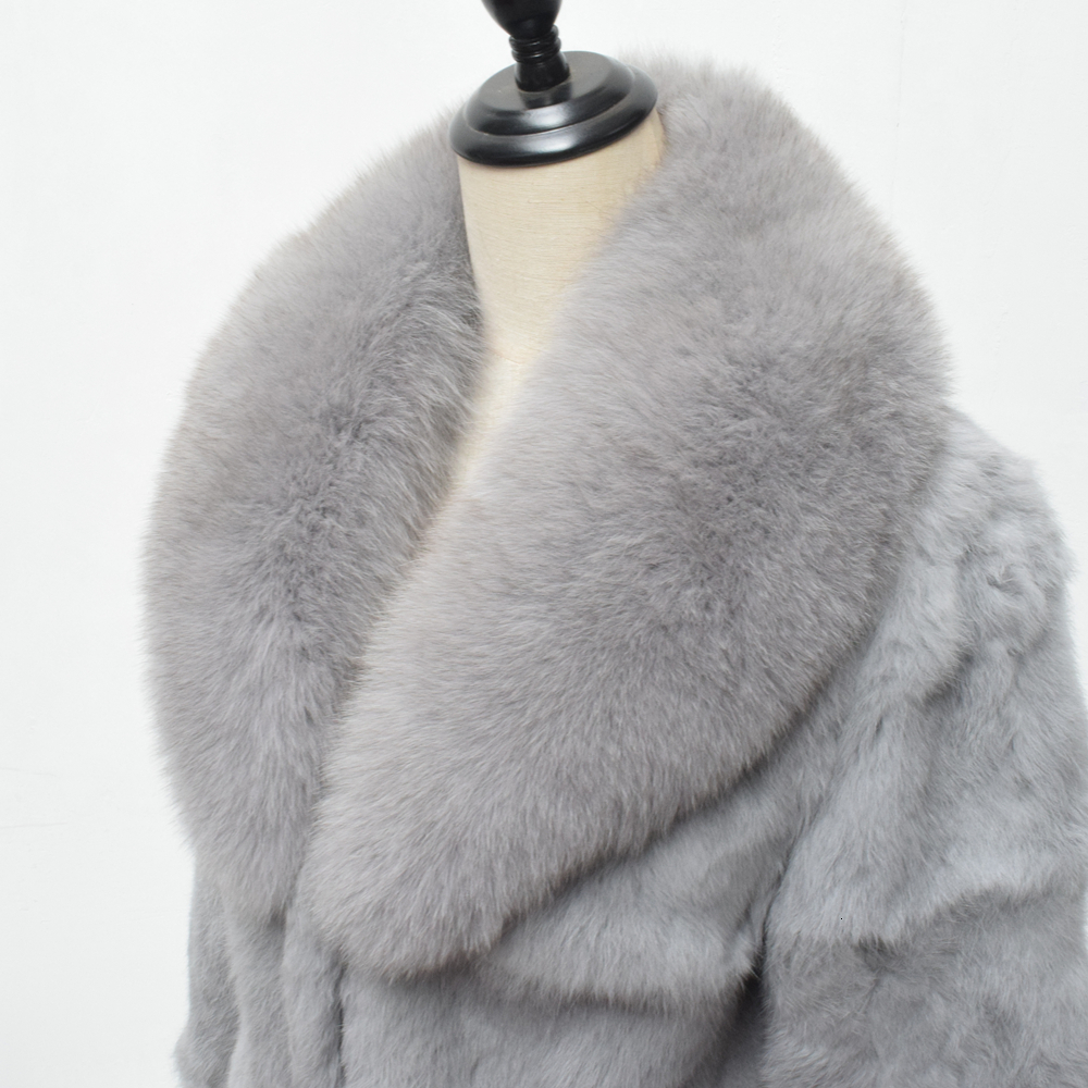 QUEENTINA Fashion For Winter Natural Rabbit Coat Has Large Fox Fur Shawl Collar Thick Autumn Warm Jacket Plus Size Clothing
