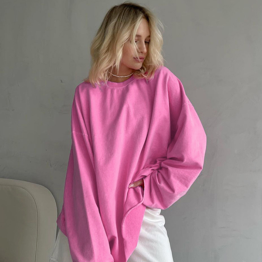 Designer's pink loose elastic round neck long sleeved pullover street style T-shirt 2024 new autumn fashion women's top