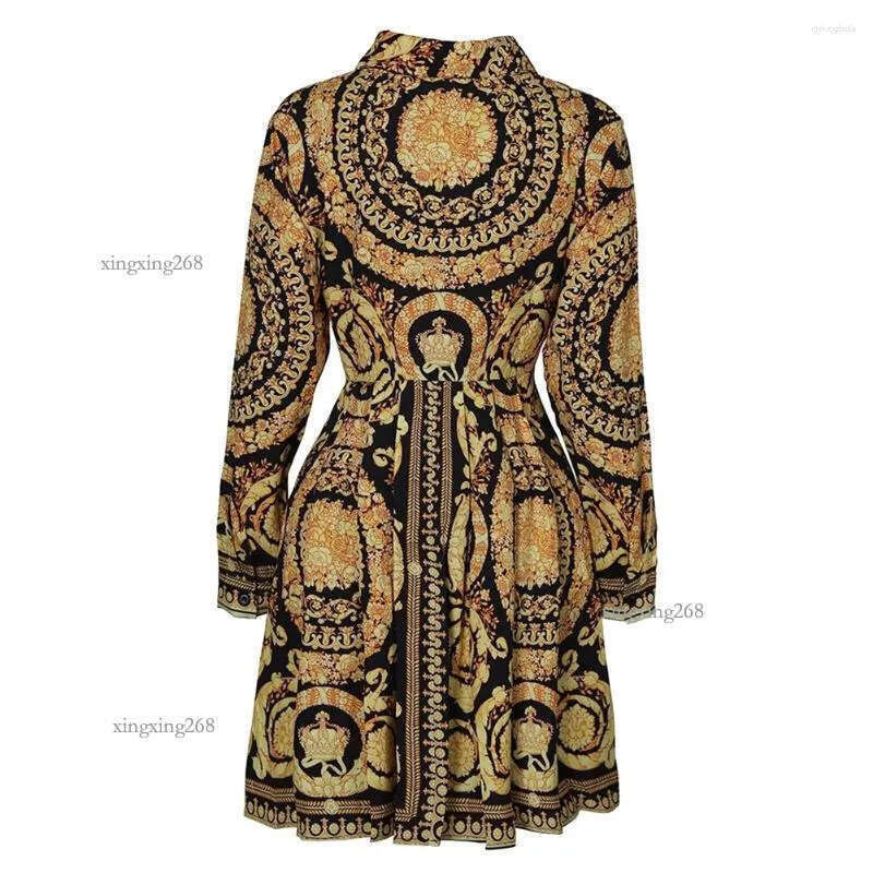 Casual Dresses Women Autumn Clothes Floral Vintage Lapel Long-Sleeves Form-Fitting Skirt With Button Open For Ladies