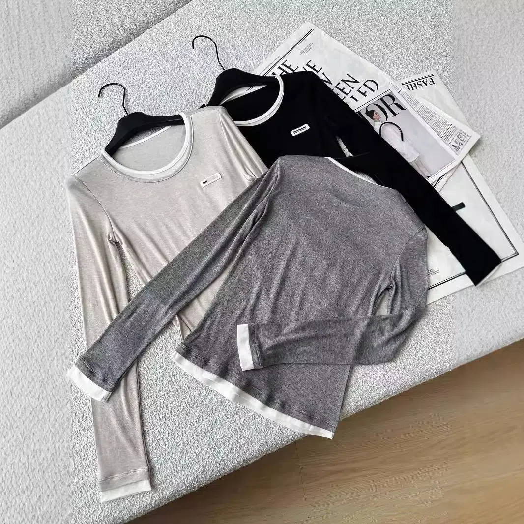 Women's T-Shirt Women T-shirt Solid Long Slve Casual Autumn Winter U Neck Sexy Slim Thin Cropped Tops H25215