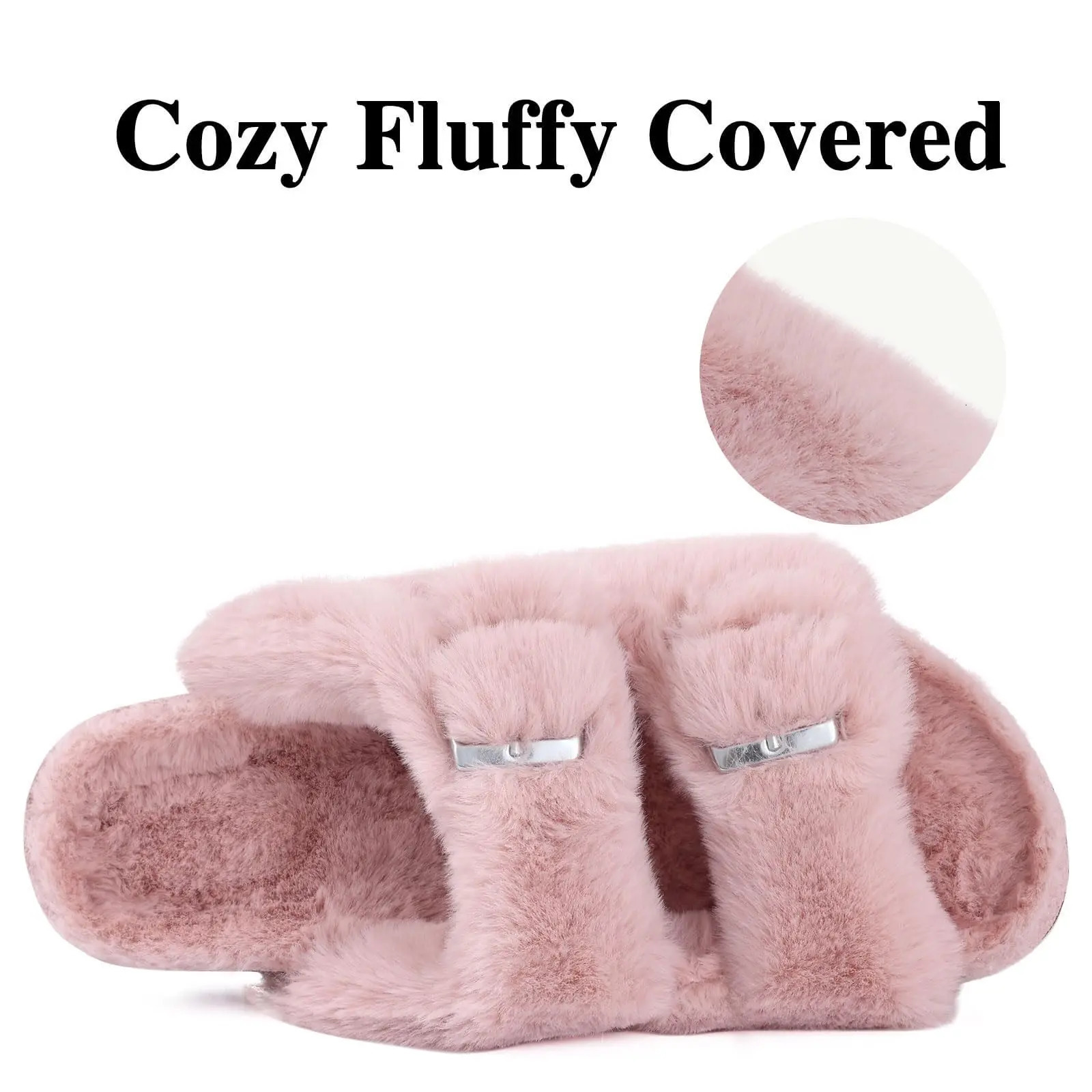 Pallene Winter Fuzzy Slide for Women Indoor Fluffy Fur Slide for Women Adjustable Plush Cork Slide Warm Winter Open Insole 241031