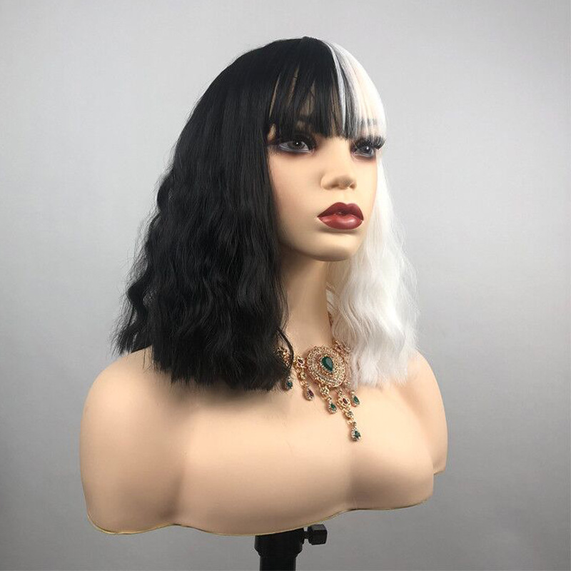 Black and white witch Halloween cosplay wig female long curly ladies wigs hair headpiece