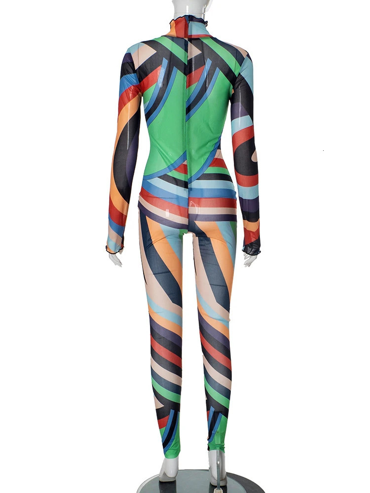 WLWXR Autumn Y2K Abstract Print Mesh Jumpsuit Birthday Party Outfit For Women 2024 Long Sleeve Sexy See Through Skinny Romper 241031