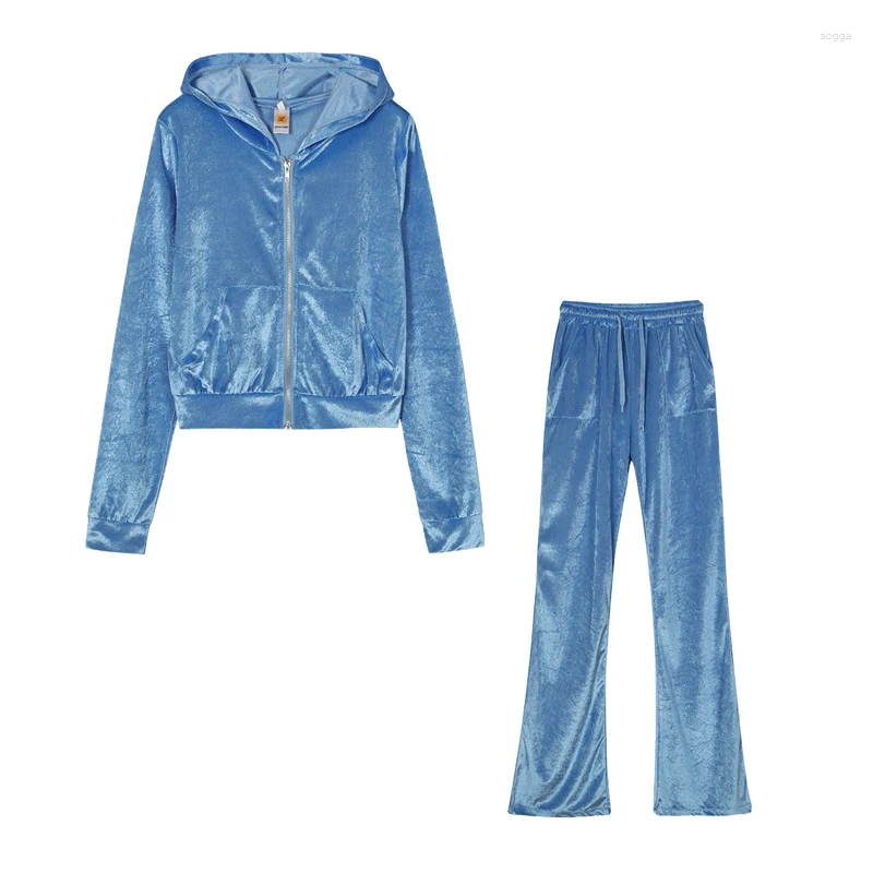 Womens Tracksuits Europe And The United States Multi-color Casual Gold Velvet Pocket Hoodie Zipper Sweater Wide Leg Pants Two-piece Suit