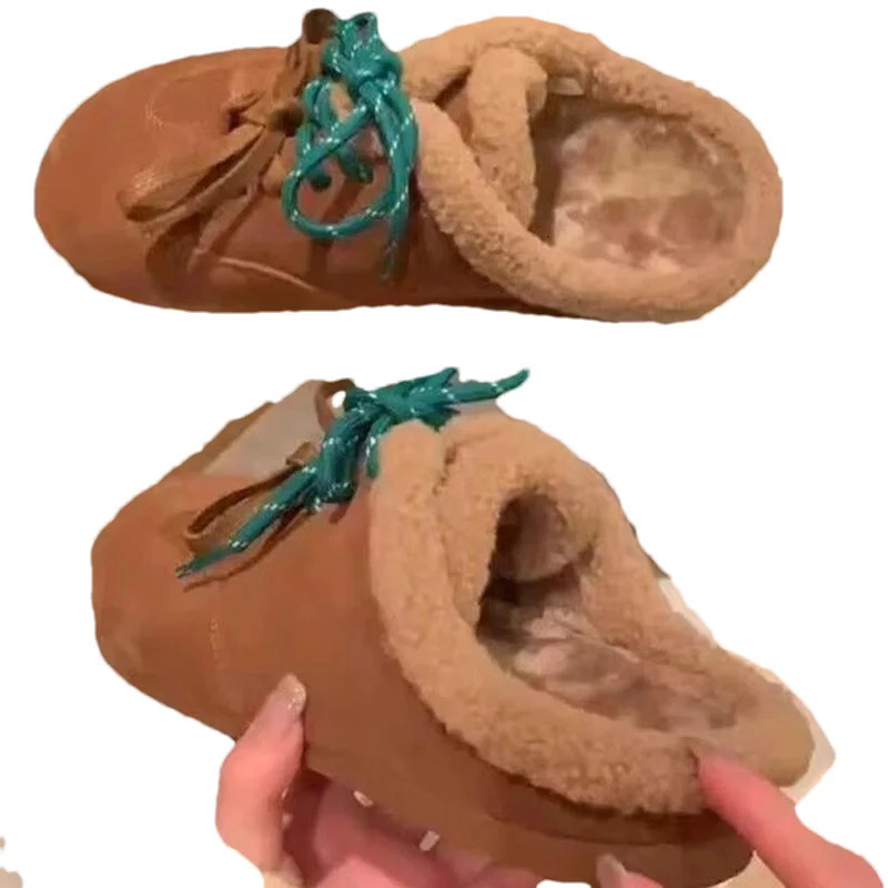 Winter Bow Fur Women Cotton Slippers Short Plush Suede Casual Mules Shoes 2025 Trend Warm Walking Snow Botas De Mujer 241031