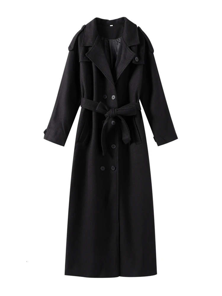 Suit collar long wool coat with belt black French coat wool coat womens winter double-sided coarse woolen coat 241030