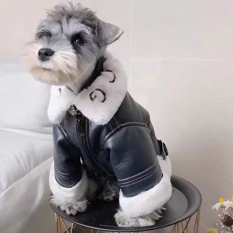 Autumn Winter Dog Puffer Jacket Luxury Designer Dog Down Plush Coat Black Pu Leather Clothes