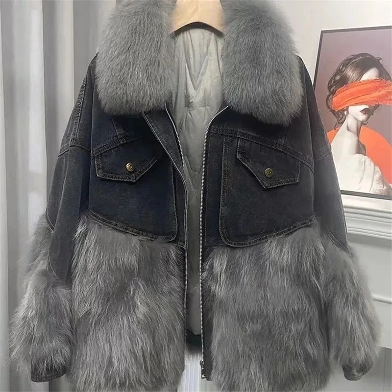 Large fur collar Denim jacket women fur Parkas 2024 winter fashion splicing coat Racoon hair short outerwear 3343 241031