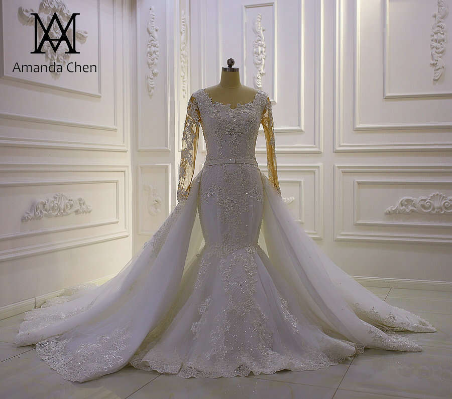Long Sleeve Lace Appliques Detachable Skirt Wedding Dress
