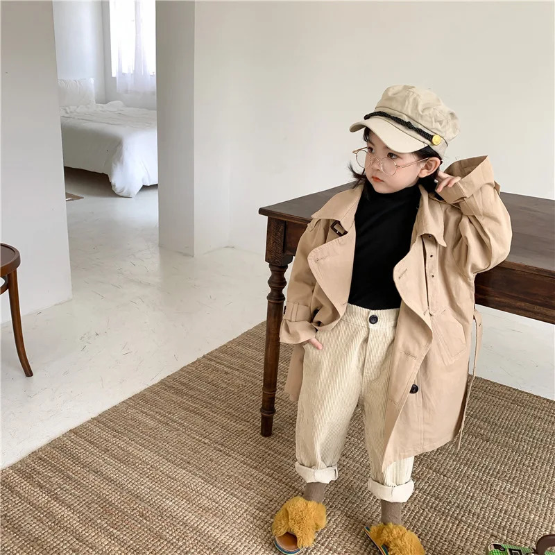 29y Kids Trench Coat Spring Autumn Boys Girls Jacket Overcoat Long Sleeve TurnDown Collar Children Windbreaker Top Clothes 241030z