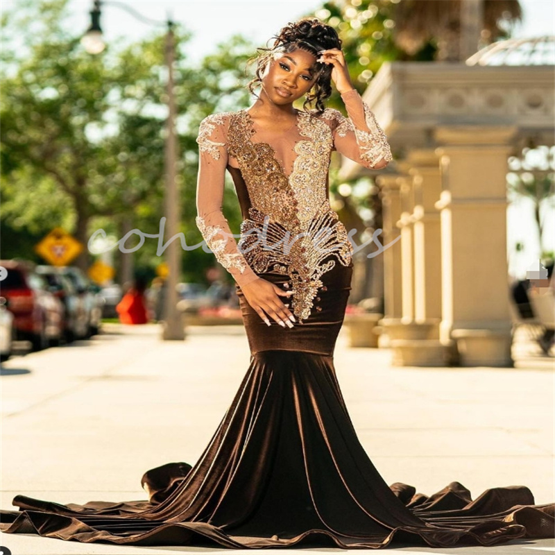 Amazing Chocolate Mermaid Prom Dresses With Rhinestone Contrast Crystal Beaded Black Women Evening Gowns Long Sleeve Formal African Birthday Party Dre