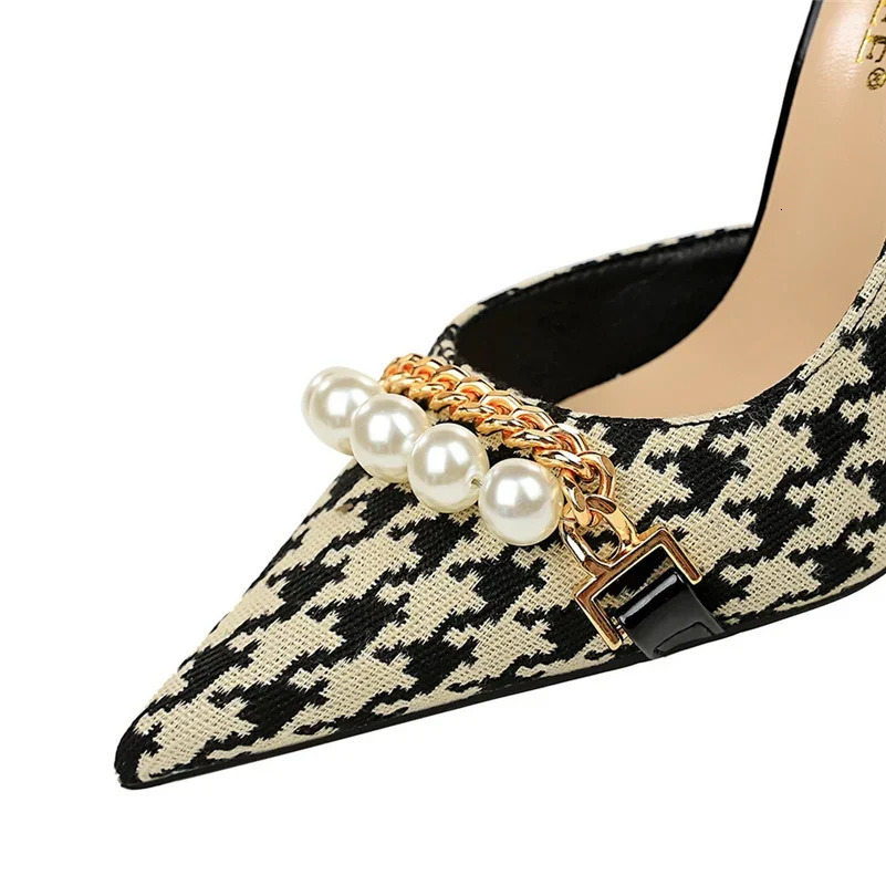 Women 7.5cm 11cm High Heels Pumps Sexy Pointed Toe Bigtree Heels Lady Pearl Metal Chain Scarpins Stiletto Zebra Plaid Shoes 241030