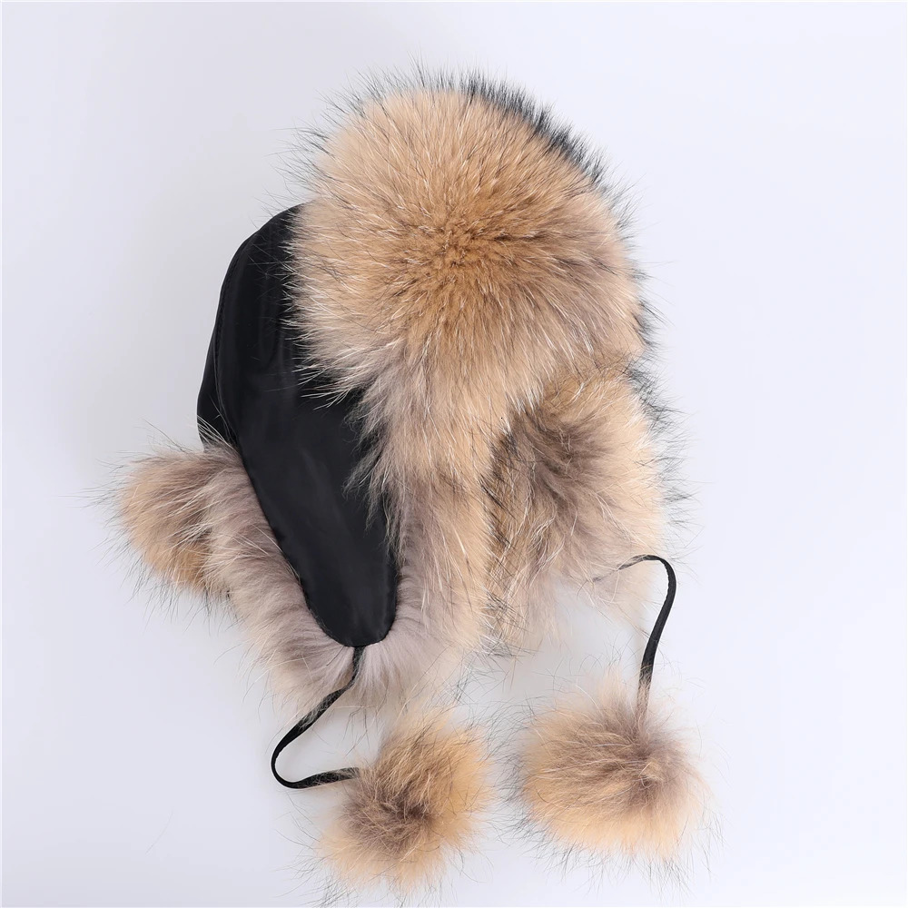 100% real fox fur hat womens Russian Usanka pilot hunter ski hat winter raccoon fur bomber hat 241030
