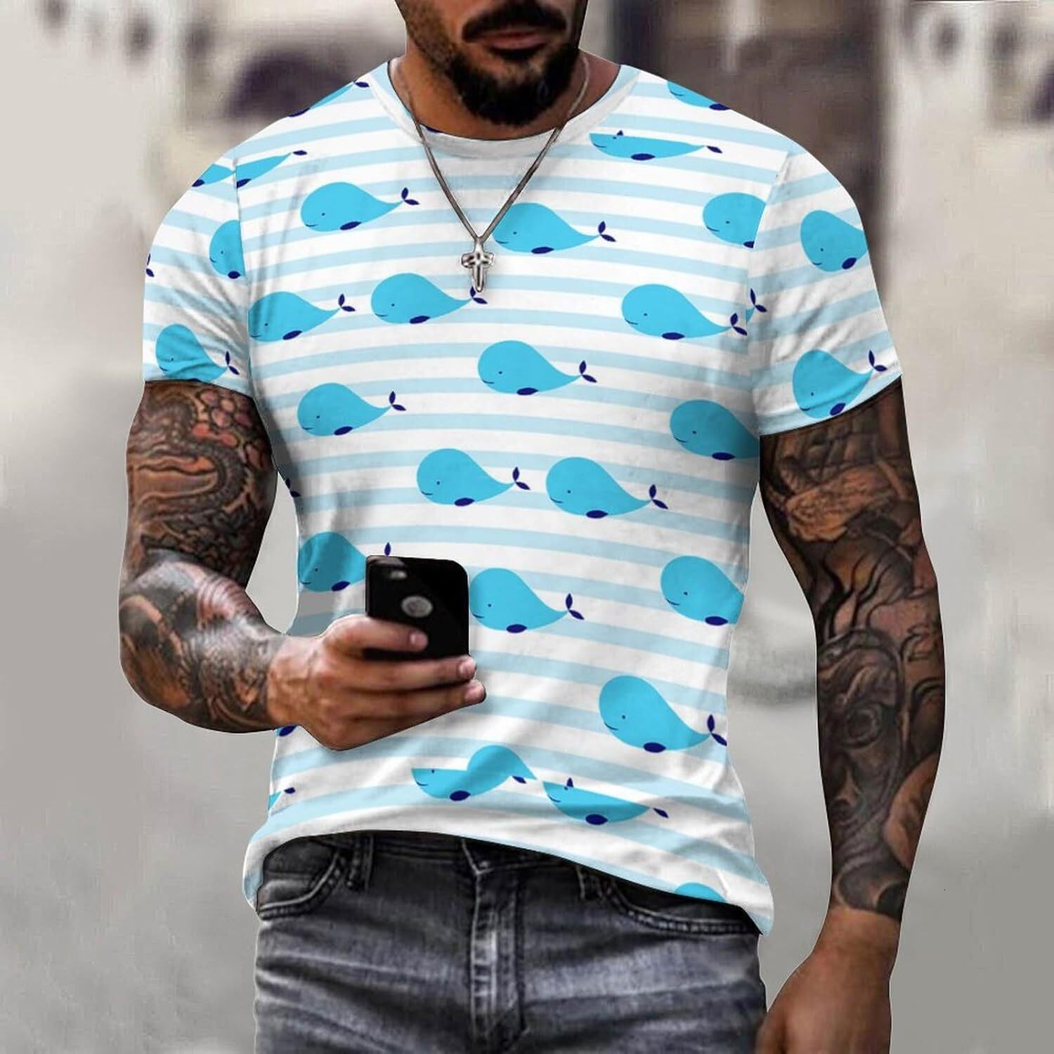 Mens T shirt Whale Pattern Cotton T-Shirt 3D Printed Casual Shirt Men's Crew Neck T-Shirt tee Casual tops summer clothes