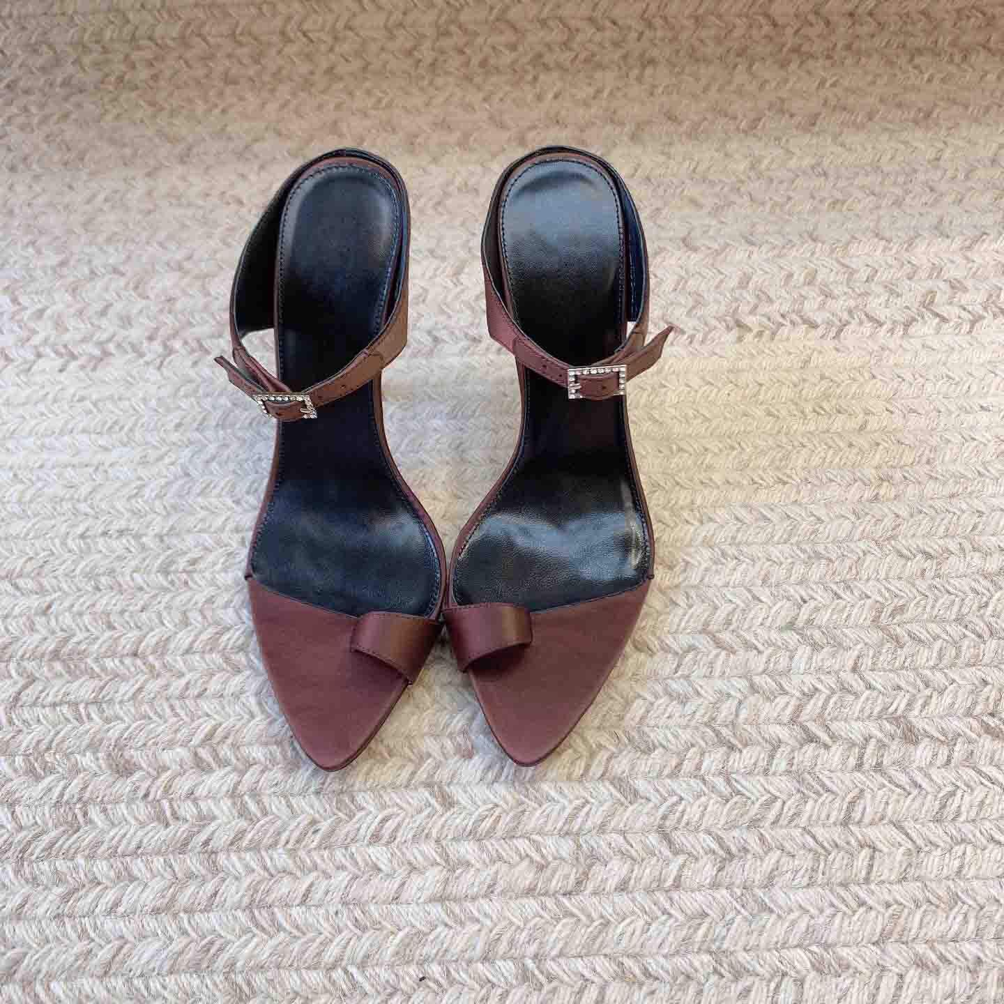 2023 New Mules Pointed Toe Slippers Silk Genuine Leather Rhies Buckle Women Shoes Sexy High Heels Atos De Mujer