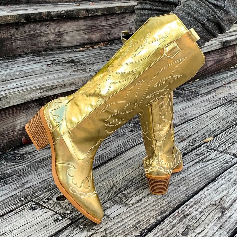 Embroidery Women High Boots Pointed Toe High Heels Shoes 2025 Trend Pumps Knee High Chelsea Winter Fad Botas Mujer 241031