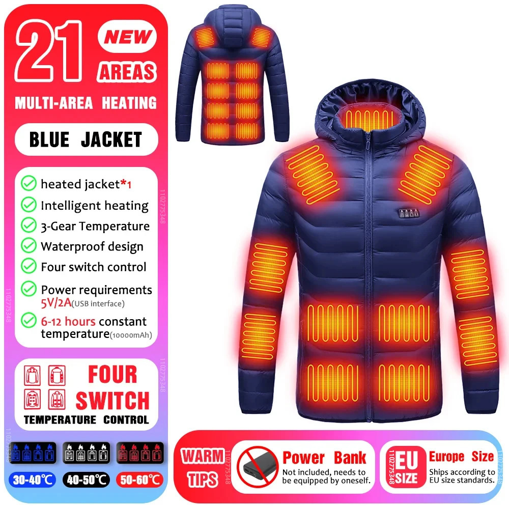 Heated Jacket Men 2-21 Areas USB Self Heating Jacket Women Warm Heated Down Jacket Ski Camping Hiking Clothes Winter Coat Washed 241031