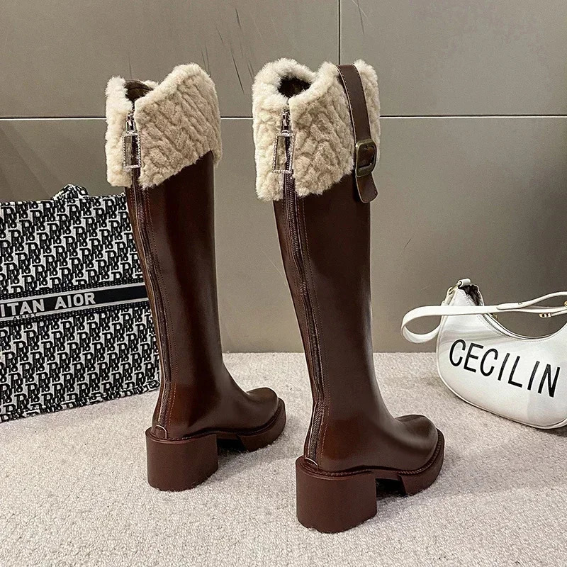 Winter Knee High Brown Long Comfort Square Heel Zip Belt Buckle Platform Boots for Women Plush Edge Warm Gothic Shoes 241030