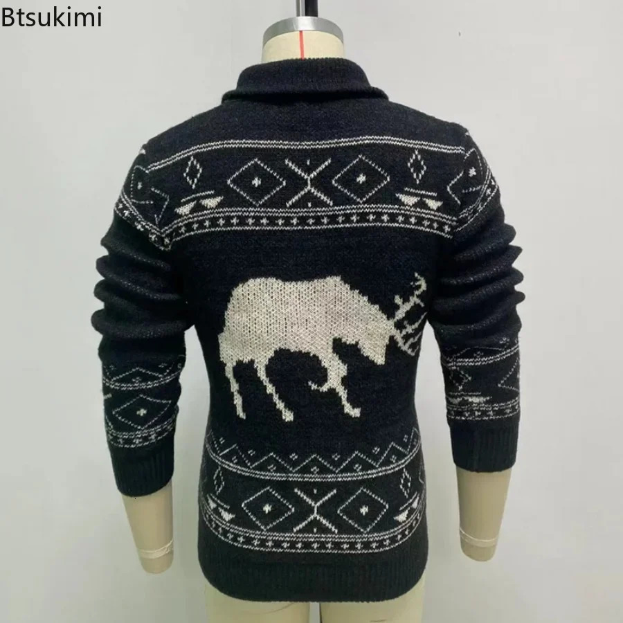 Autumn Winter Mens Warm Sweater Cardigans Deer Pattern Knitted High Street Oversize Cardigan Vintage Casual Christmas Knitwear 241031